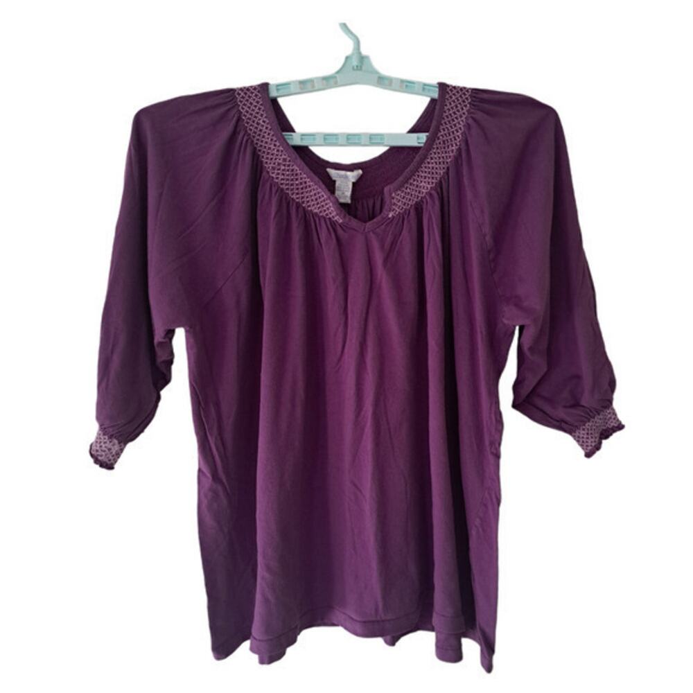 Silhouettes Womens Tunic 3/4 Sleeve Slit Neck Blouse Burgundy Sz 3X 100% Cotton